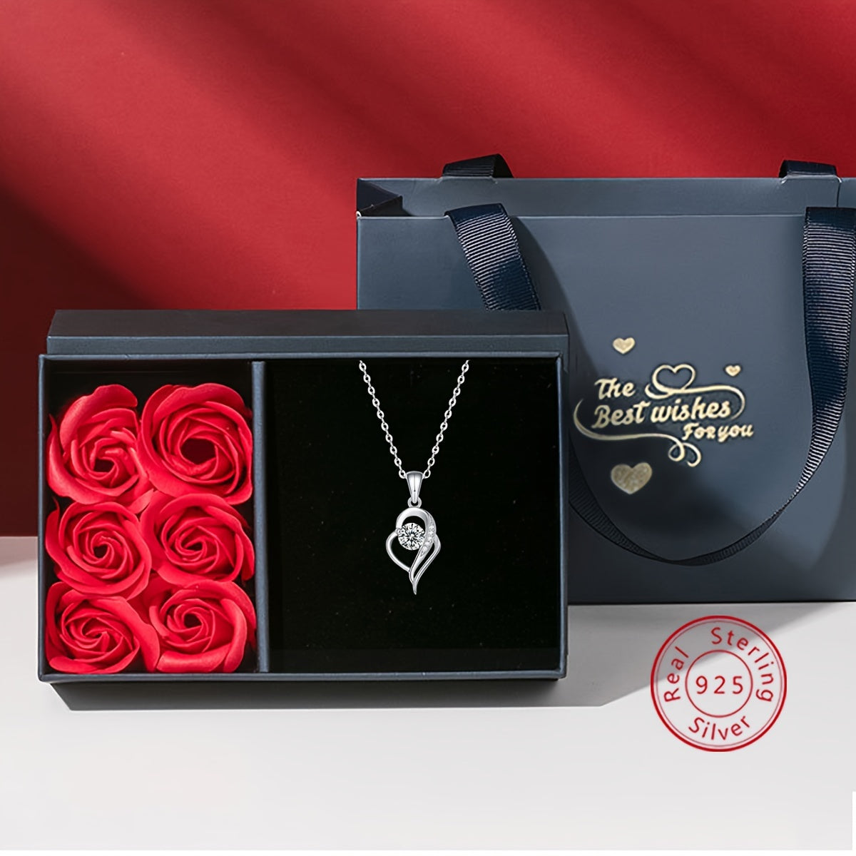 Elegant 925 Silver Heart Shaped Necklace + Rose Box