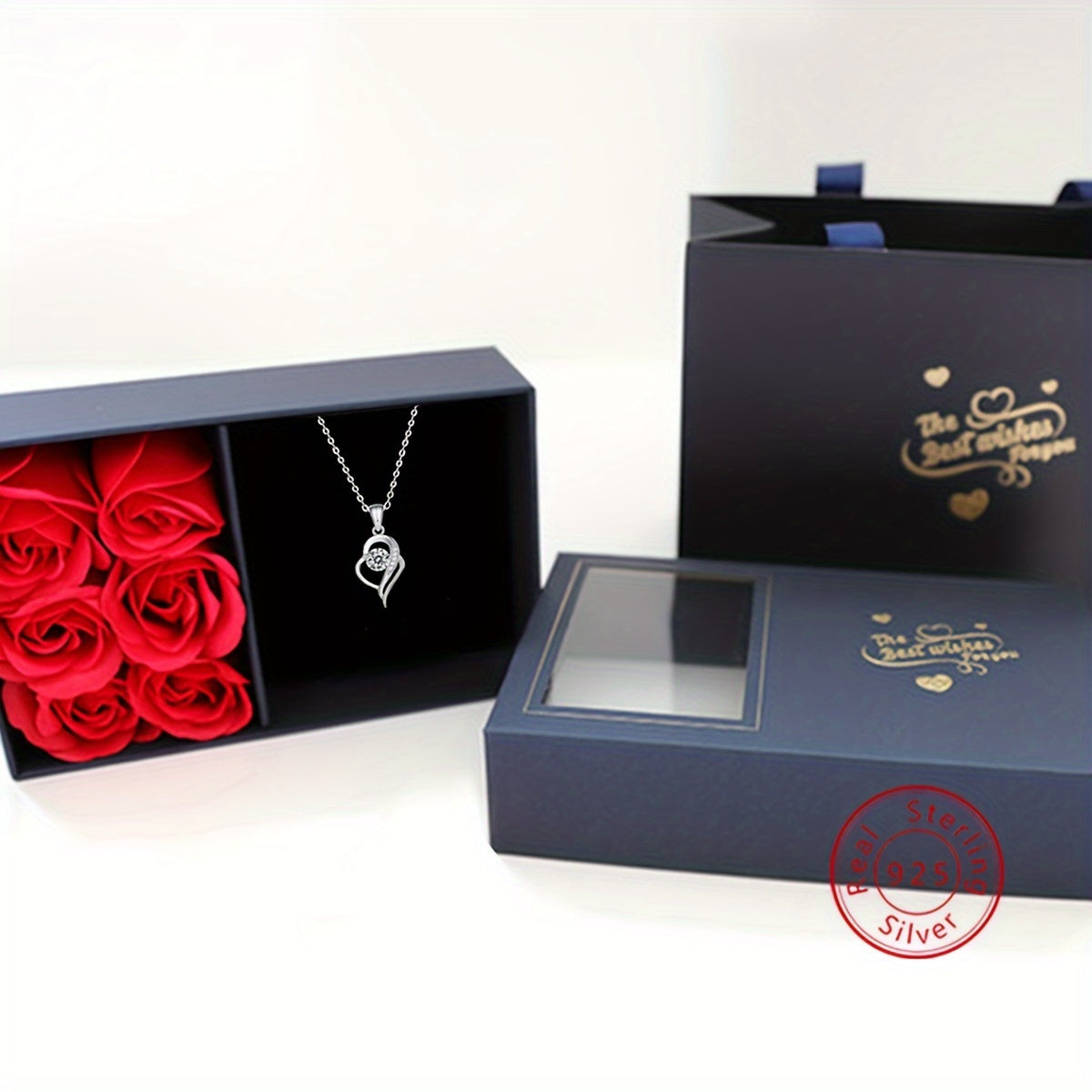 Elegant 925 Silver Heart Shaped Necklace + Rose Box